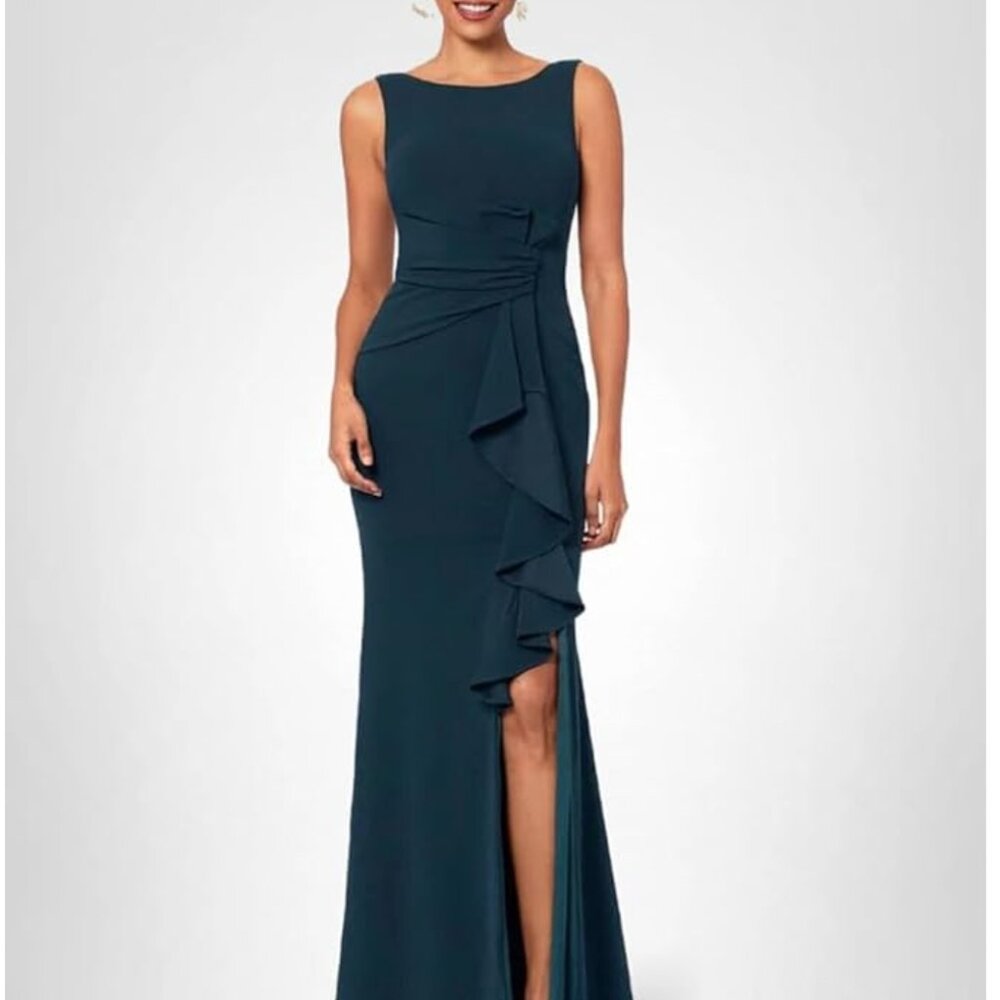 Betsy & Adam Women's Long Sleeveless Boat Neck Ruffle Side Slit Scuba Crepe Gown